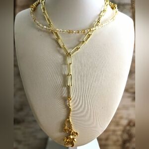 Natural Citrine And Gold Beads In Long Two Strand Gold Paperclip Necklace